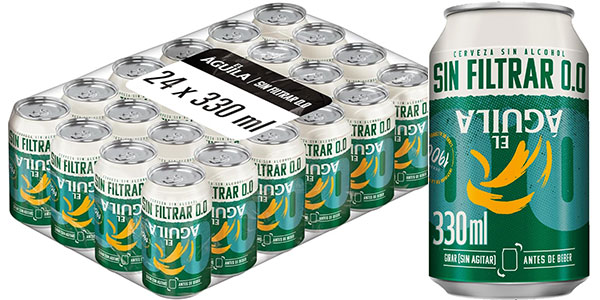 Pack de 24 latas de cerveza sin alcohol El Águila Sin Filtrar 0.0 por sólo 15,60€ (-21%) ¡0,65€ cada una!