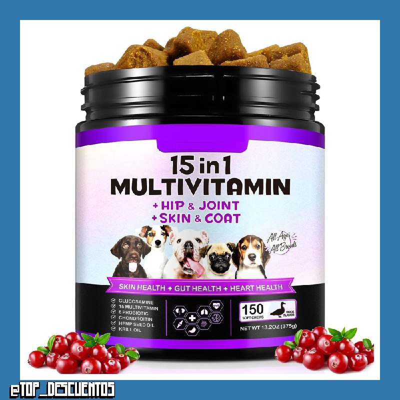 15 en 1 Golosinas Multivitamínicas, 150 Vitaminas Masticables para Perros, Suplementos de Cadera y Articulación, Sistema Inmunológico, Piel y Abrigo, Todas Las Edades y Razas, Sabor a Pato