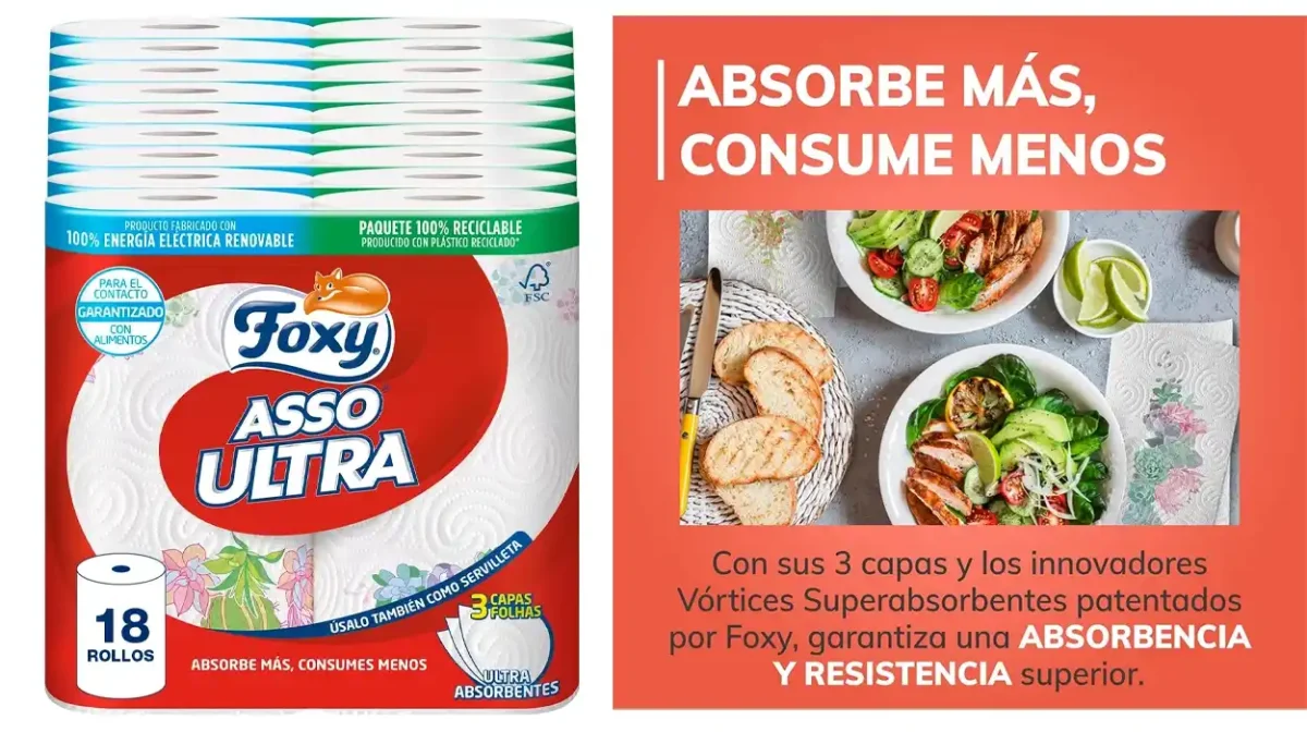 Pack x18 rollos papel de cocina Foxy Asso Ultra de 3 capas absorbentes por sólo 23,30€ (-30%) ¡1,29€ cada uno!