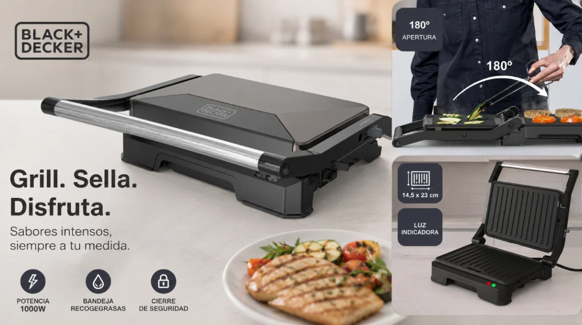 Grill eléctrico BLACK+DECKER con tapa basculante de 180° y placas antiadherentes por sólo 30€ con envío gratis (-32%)