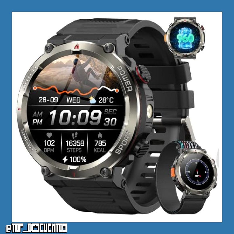 Blackview Reloj Inteligente Hombre con Linterna, Brújula, Realizar/Recibir Llamadas,1,45" Militar Smartwatch Hombre Pulsómetro, Oxímetro,Sueño, Pulsera Actividad 100+ Modos Deportivos, Podómetro,Negro
