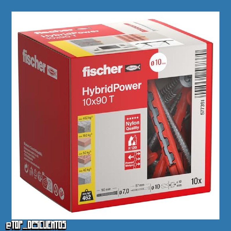 fischer HybridPower 10 x 90 T, tacos para máxima capacidad de carga y seguridad, fácil montaje sin herramientas de montaje, universal para materiales perforados y sólidos, mampostería, hormigón
