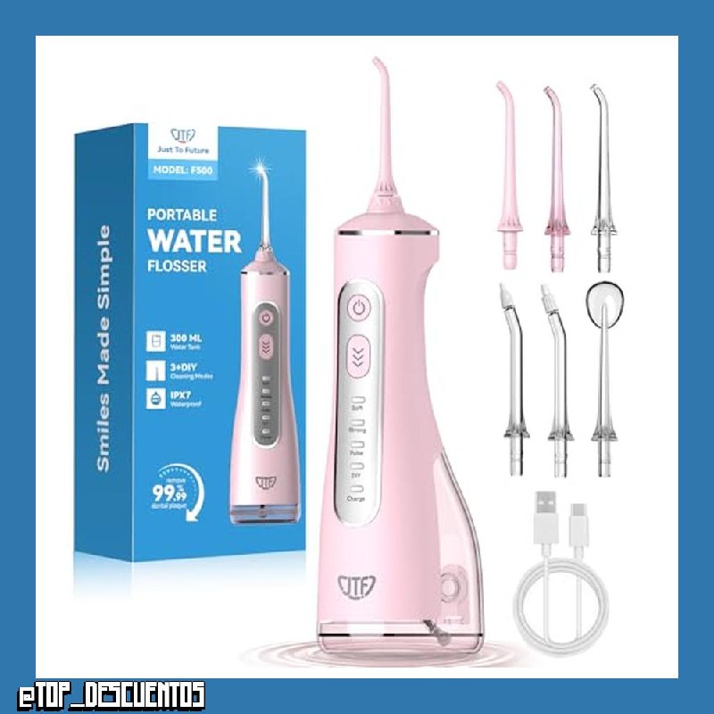 JTF Irrigador Bucal Eléctrico 300ML, 3+1 Modos Irrigador Dental, 6 Boquillas IPX7 Portatil Limpiador Dental para Ortodoncia/Encías Sensibles -Limpieza Dientes de Hogar Entusiastas Salud Ora(Rosa)
