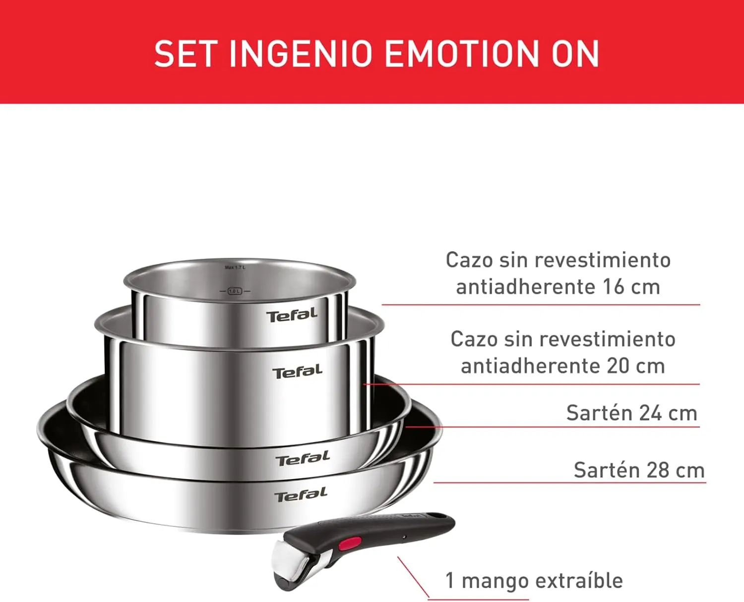 Tefal Ingenio Emotion – Juego de 2 Sartenes 24/28 cm + 2 Cazos 16/20 cm + Mango extraíble por 73,99€ en Amazon