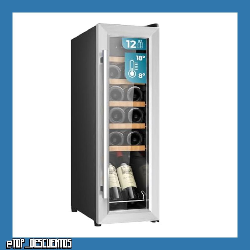Cecotec Vinoteca Libre Instalación Bolero GrandSommelier 1250 CoolWood. Nevera para vinos con capacidad para 12 botellas, temperatura ajustable de 8-18oC, LED y estantes de madera. [Clase de eficienci