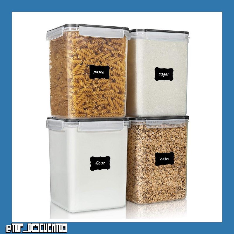 Vtopmart - Recipientes grandes de plástico para almacenamiento de alimentos, 5,2 l / 175 oz, paquete de 4 recipientes herméticos con tapa para harina, azúcar, arroz, 4 tazas de medir y 24 etiquetas
