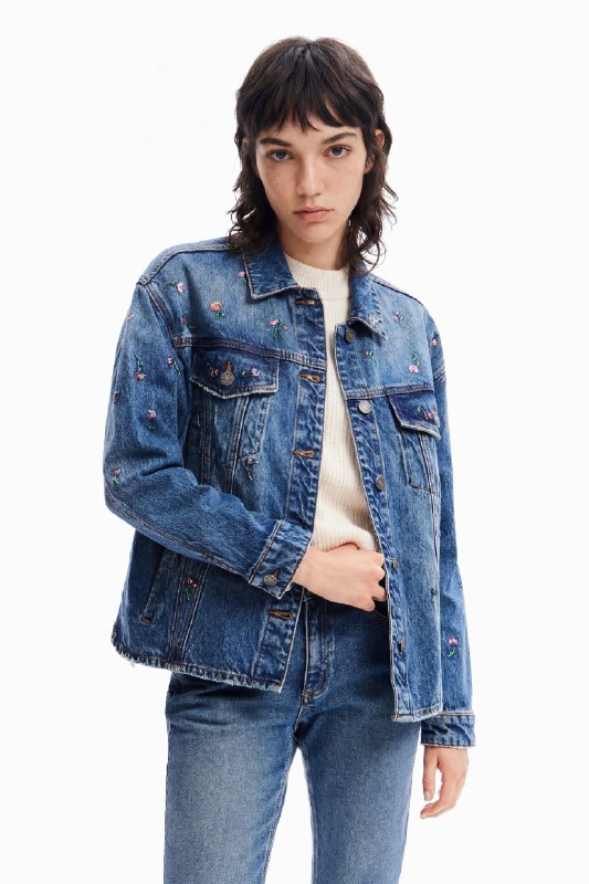 Desigual, Chaqueta vaquera trucker flores, Algodon, Azul, S