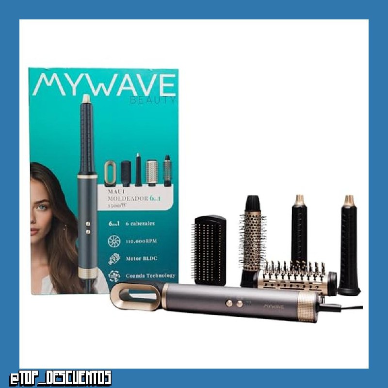 My Wave - Cepillo Moldeador Estilizador 6 en 1 con Tecnología Coanda y Motor BLDC 1500W | 2 Velocidades + 3 Configuraciones de Calor | Incluye 6 Accesorios | Iónico Antifrizz