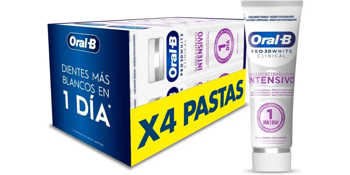 Pack 4x pasta de dientes Oral-B Pro 3D White Clinical por sólo 13,59€ (-43%) ¡3,40€ cada una!