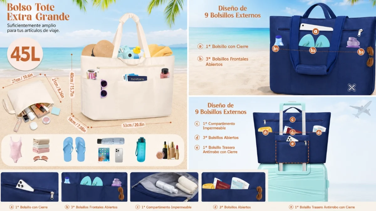 Organización total con estas bolsas Tote XXL: impermeables, 14 bolsillos y compartimento húmedo por menos de 16€ en varios colores