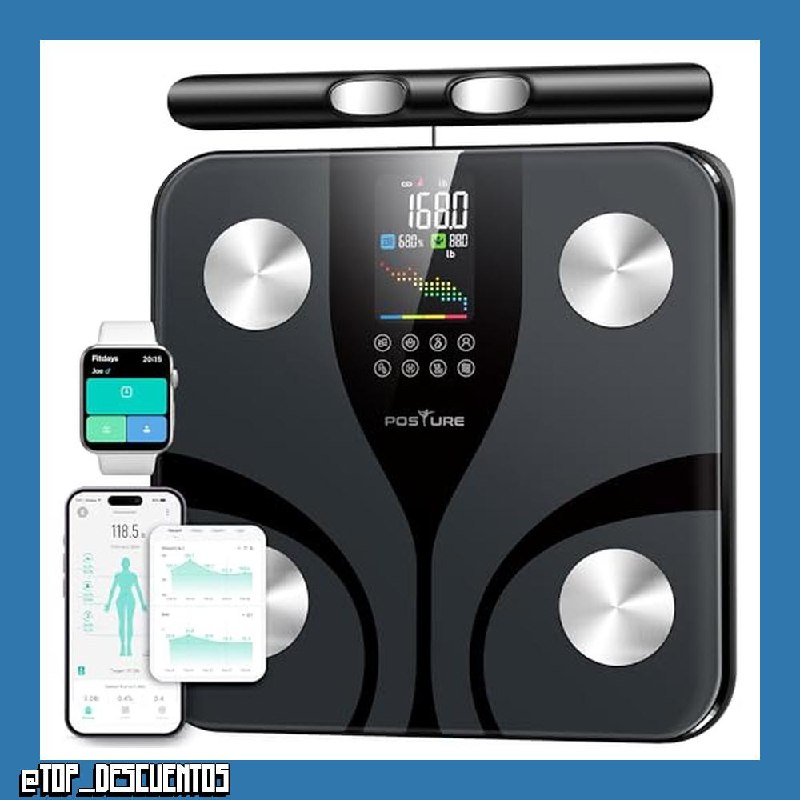 Posture Báscula de Baño Inteligente de Impedancia 8 Electrodos, Pantalla a Color, 28 Parámetros de Composición Corporal con Masa Muscular y Grasa Corporal, Plataforma Amplia, App Bluetooth, 180 kg