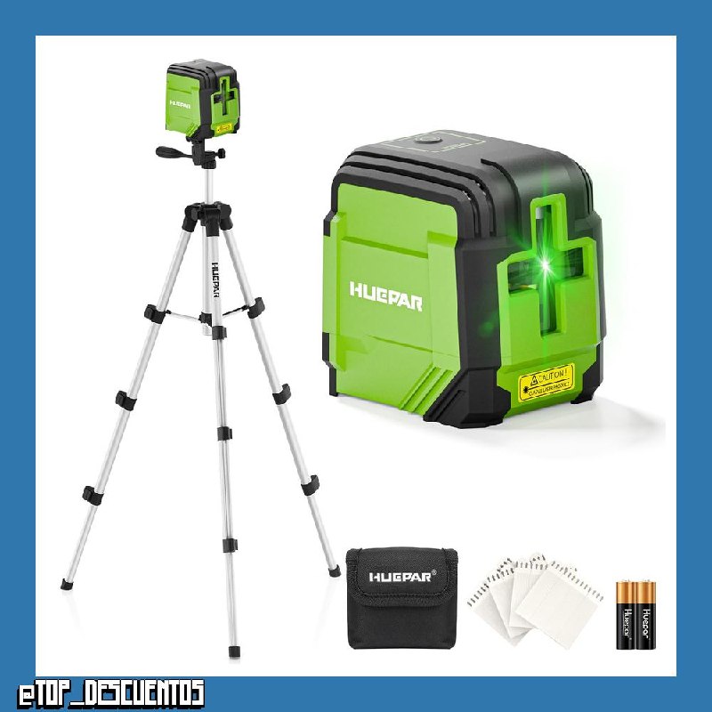 Huepar GK011DG Nivel Láser Autonivelante Verde con Trípode 1,02m, Línea Cruzada Horizontal/Vertical 110°, Alcance 30 m, con Bolsa, Gafas, Placa objetivo y 2 Pilas AA para Bricolaje, Casa, Carpintería