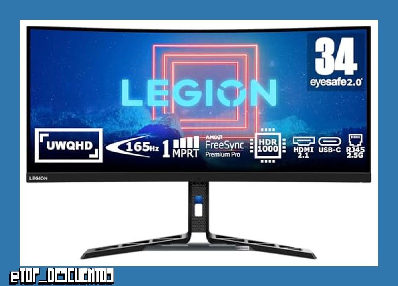 Lenovo Legion Y34wz-30 - Monitor Curvo de 34'' UWQHD con EyeSafe (VA, 165Hz, 1ms, HDMI+DP+USB-C, FreeSync Premium Pro, Altavoces) Ajuste de inclinación/Altura/Giro - Negro