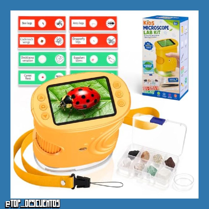 Microscopio para Niños con Aumento de 1000X, Regalo Juguetes Niños 3-12 años Fotos y Vídeos, Microscopio Portátil con 12 Portaobjetos y 8 Tipos de minerales, Kit de Exploración y Juguete Educativo