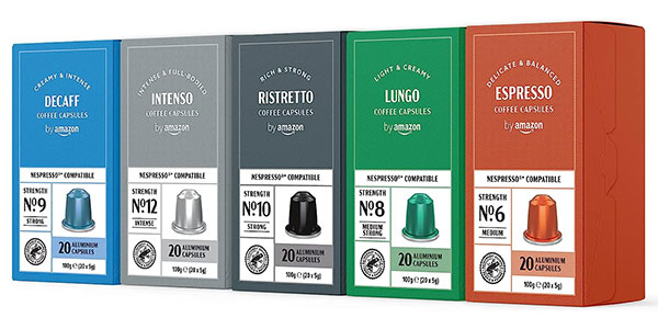 Pack de 100 cápsulas de café variado by Amazon compatibles con Nespresso por sólo 13,58€ (-37%) ¡0,14€ cada una!