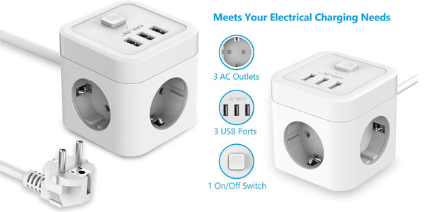 Enchufe múltiple JSVER Cube con 3 USB y 3 tomas por sólo 13,59€ (-20%)