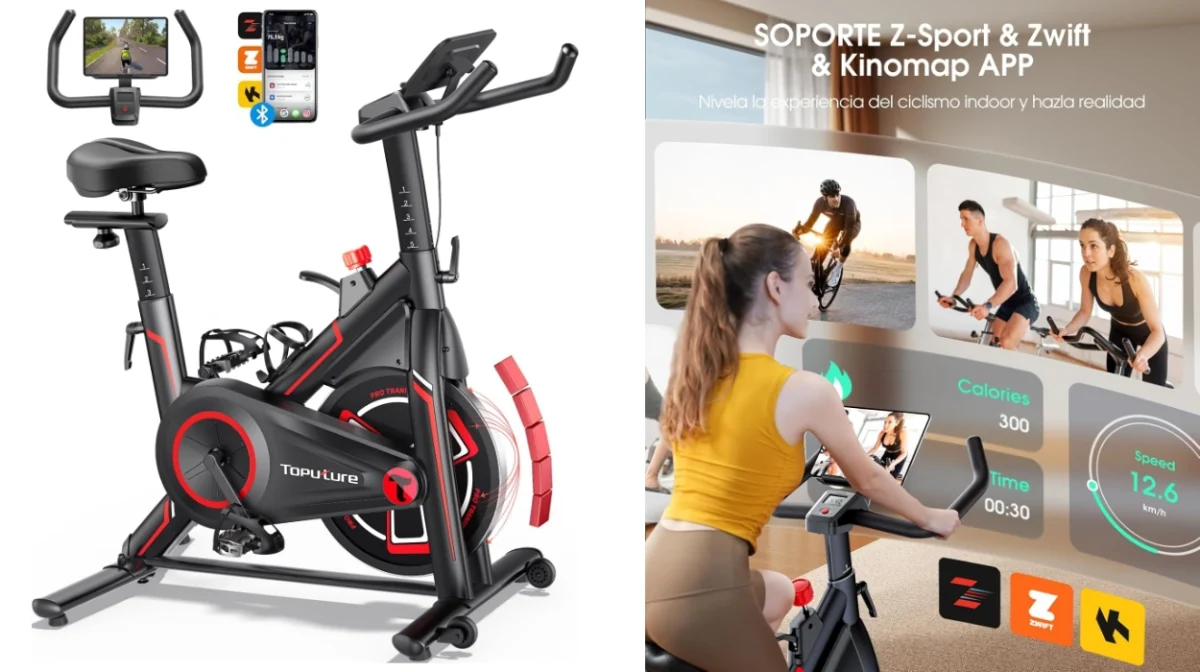 Bicicleta estática Toputure con resistencia magnética, volante de 15 kg, app, pantalla LCD y soporte para tablet por sólo 179,52€ con cupón y envío gratis (-33%))