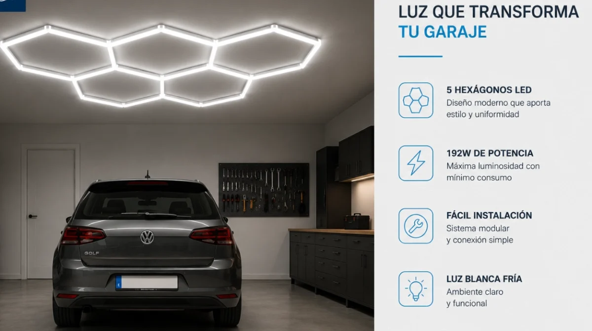 Iluminación potente y moderna para garajes: lámpara LED hexagonal 192W ajustable y segura por sólo 83,59€ (40% de descuento)
