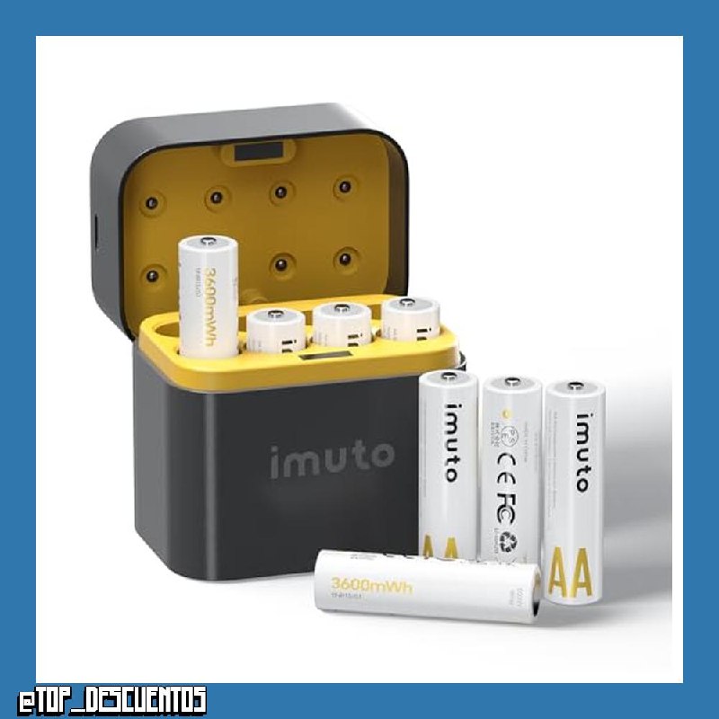 imuto Pilas Recargables AA 1,5 V 3600mWh Batería de Litio Alta Capacidad más de 1600 ciclos con Carga rápida Negra Cargador de Pantalla LED