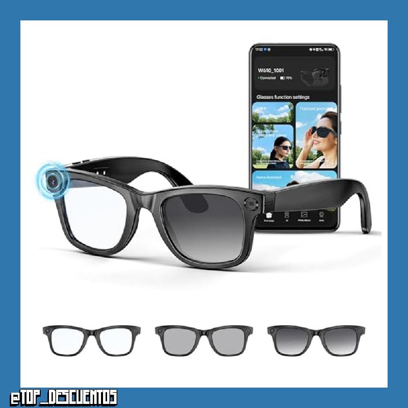 Gafas Inteligentes con Camara 8MP, Gafas con IA Bluetooth/WiFi, Smart Glasses con Fotografía/Grabación/Llamadas/Música/Traducción/Reconocimient Imágenes, Lentes fotocromáticas + lentes azules
