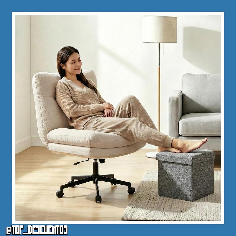 Silla Oficina Silla Escritorio sin Brazos Silla Tocador, Silla Oficina de Tela Giratoria Ajustable con Taburete de Almacenamiento y Cojín Grande, Sillon Lectura para Casa Salon y Oficina, Beige