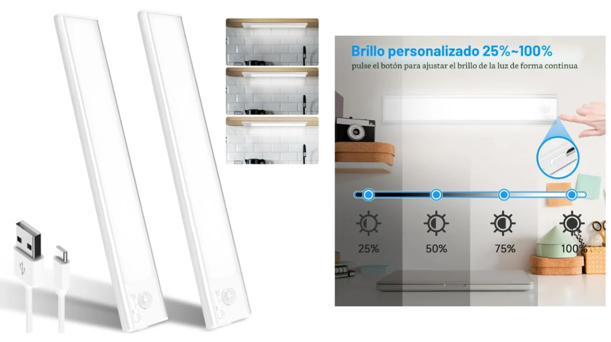 Pack x2 luces LED recargables con sensor de movimiento de 24 cm y 39 LEDs para cocina y armarios por sólo 11,74€ (-41%)