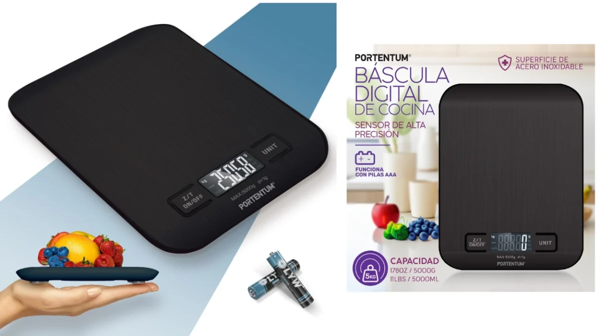Báscula de cocina Portentum con pantalla LCD, precisa de 1 g a 5 kg por sólo 7,99€ (54% de descuento)
