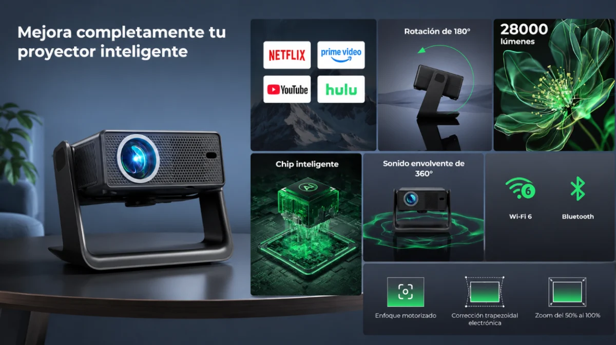 Proyector Einyoumily compatible con Netflix de 28000 lúmenes, con WiFi6 y Bluetooth para una experiencia envolvente por sólo 62,99€ con cupón y envío gratis (-21%)