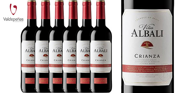 Pack de 6 botellas Vino Tinto Viña Albali Crianza con DOCa Valdepeñas de 750 ml por sólo 13,11€ (-27%) ¡2,19€ cada una!