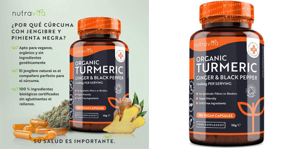Cúrcuma Orgánica Nutravita de 1440 mg con Jengibre y Pimienta Negra (180 Cápsulas veganas) por sólo 9,99€ (-52%)