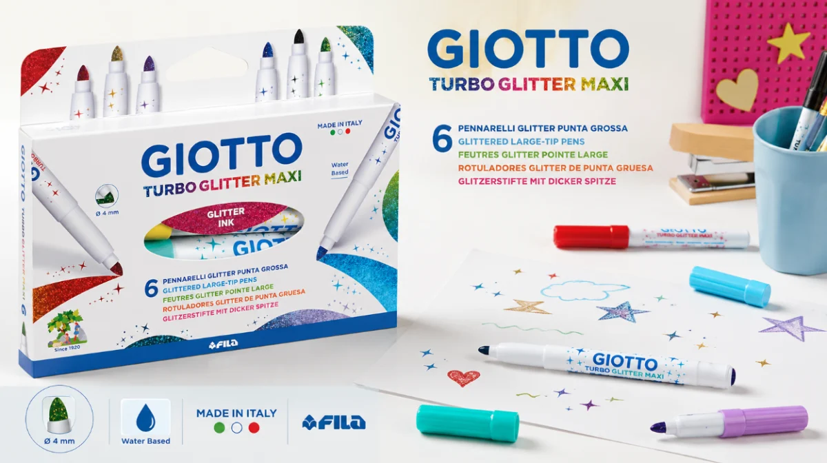 Pack x6 rotuladores súper lavables Giotto Turbo Glitter con punta maxi de 5 mm por sólo 4,85€ (-52%)