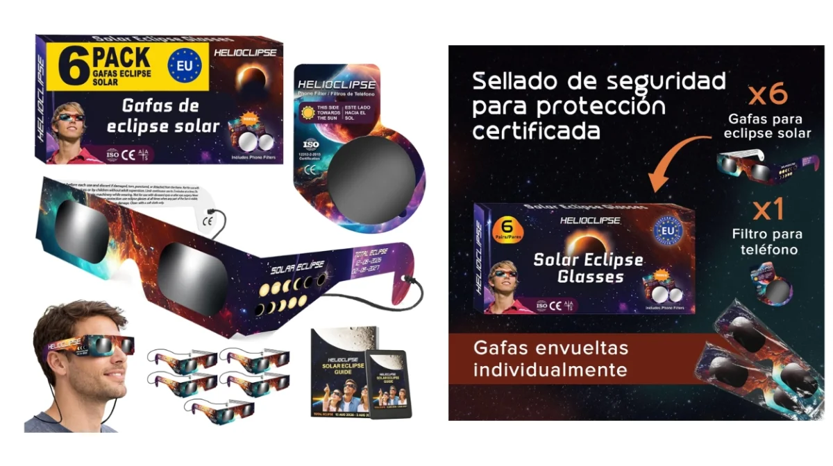 Este es el pack más vendido de gafas seguras para ver el eclipse solar 2026 homologadas ISO y sale muy barato