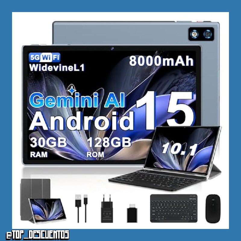 2026 último Tablet 10 Pulgadas Android 15 con Gemini AI, 30GB RAM + 128GB ROM(TF 2TB), Octa-Core 2.0GHZ, 8000mAh, GMS, Widevine L1, GPS, OTG,5G WiFi 6 & BT 5.0,Tablet con Teclado y Raton-Gris