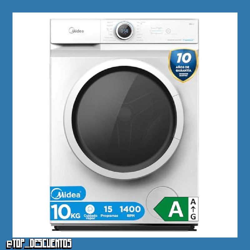 Midea Lavadora 10kg Carga Frontal 1950W, 1400 rpm con Motor Inverter - Lavadoras con 15 Programas y Tecnología Healthguard - Washing Machine Bajo Consumo, Lavado Rápido, Función Vapor y Modo Eco [Clas