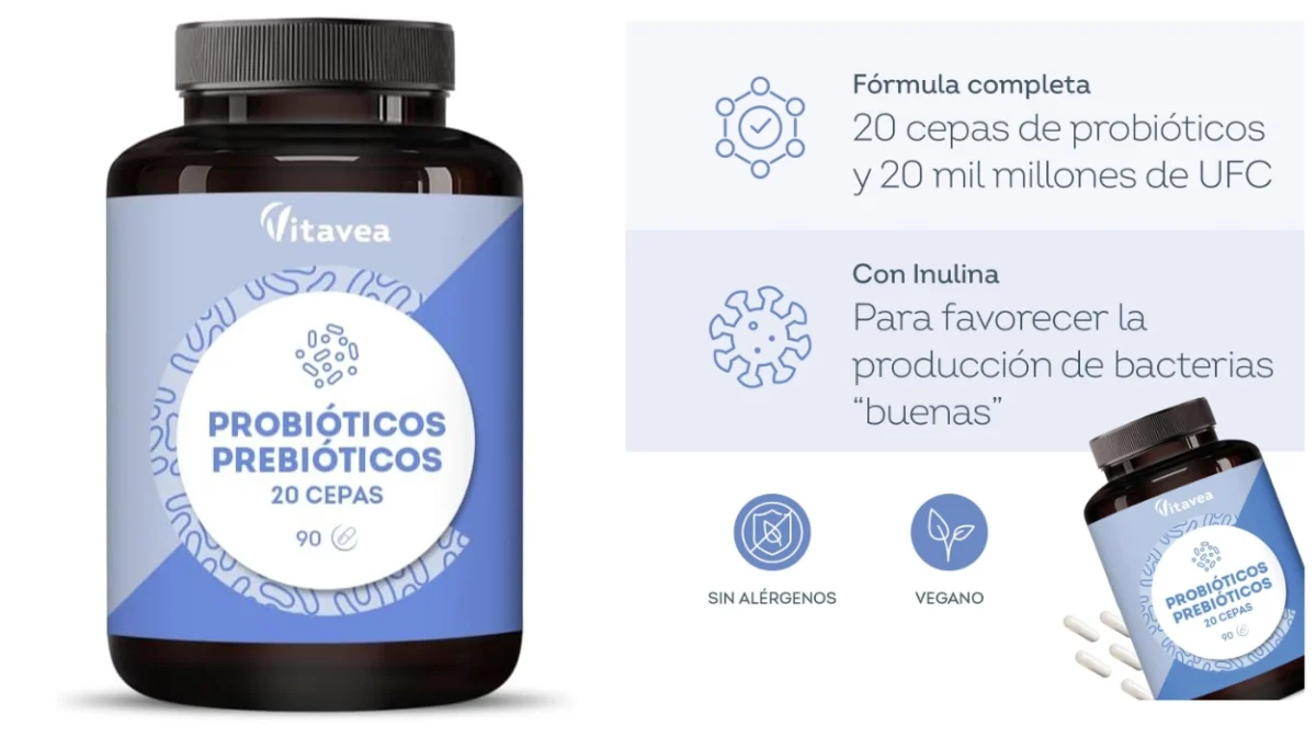 Probióticos y prebióticos Vitavea con 20 cepas y 20 mil millones UFC (90 cápsulas veganas) por sólo 9,90€ (-42%)