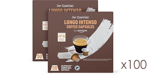 Pack de 100 cápsulas de café Lungo Intenso Our Essentials by Amazon compatible con Nespresso por sólo 11,48€ (-13%) ¡0,12€ cada una!