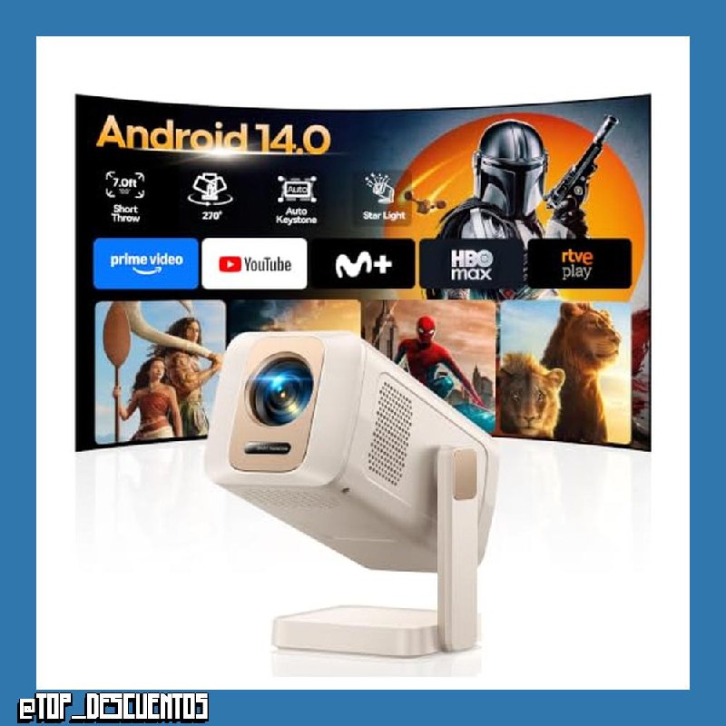 Proyector Portátil【Android 14.0/App Integrada】 Mini Proyector Inteligente, Corrección Trapezoidal Automática, WiFi 6 Bluetooth 5.4, Giro 270°, Control por App, Projector Portable Cine en Casa