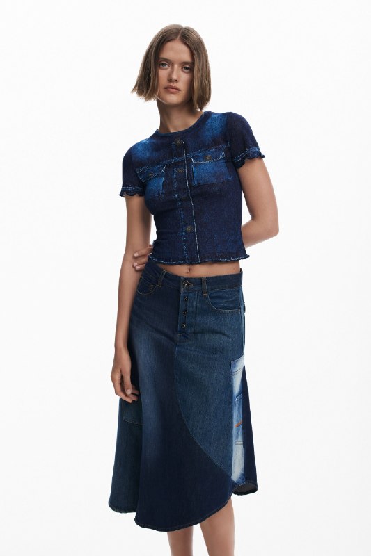 Desigual, Falda denim patchwork, Algodon, Azul, XS