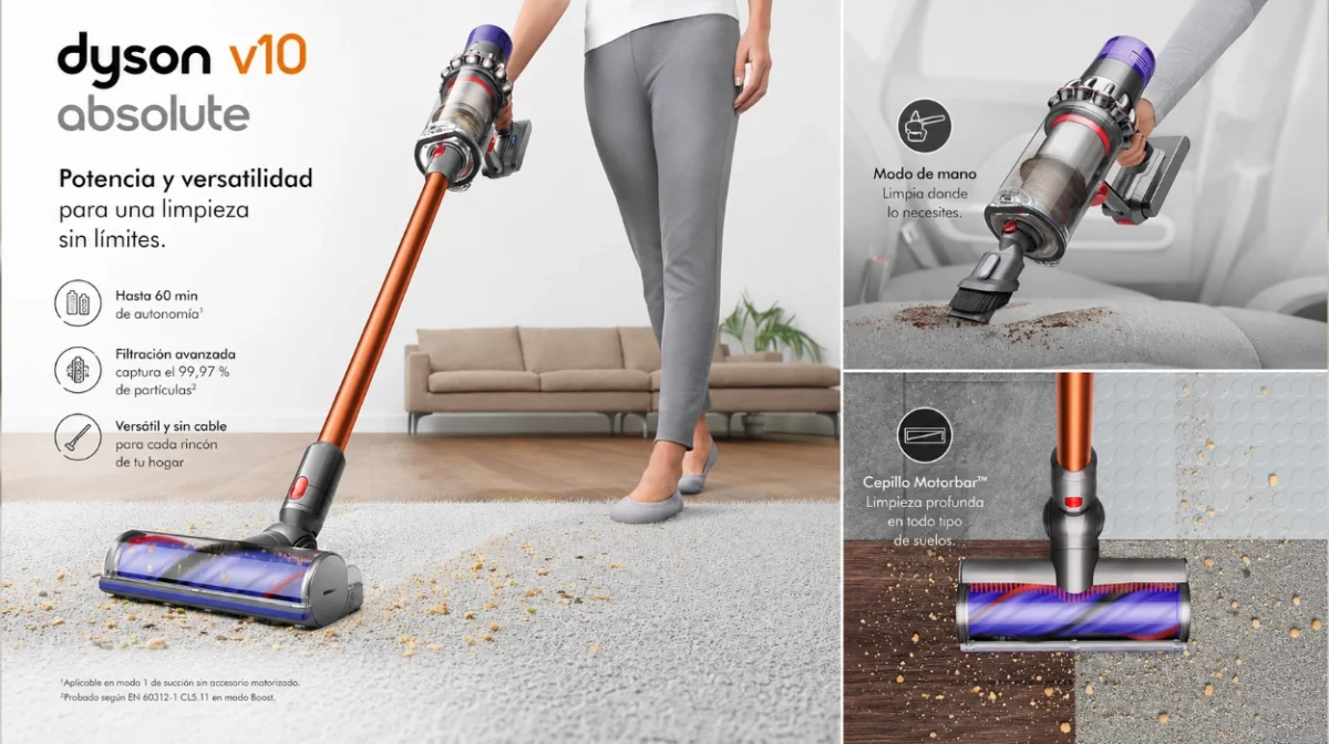 Aspiración potente sin pausa: Dyson V10 Absolute, aspiradora sin cable con 60 min de potencia por sólo 362,80€ con envío gratis (-27%)