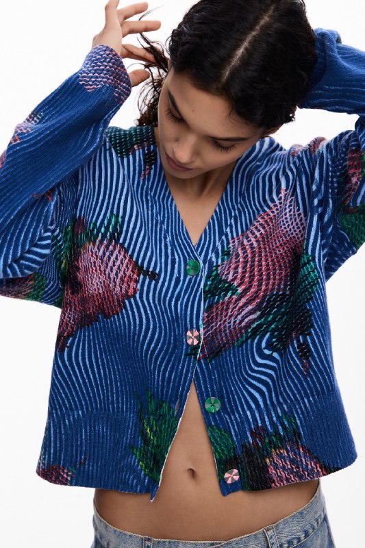 Desigual, Jersey cárdigan flores, Mujer, Algodon, Azul, XS