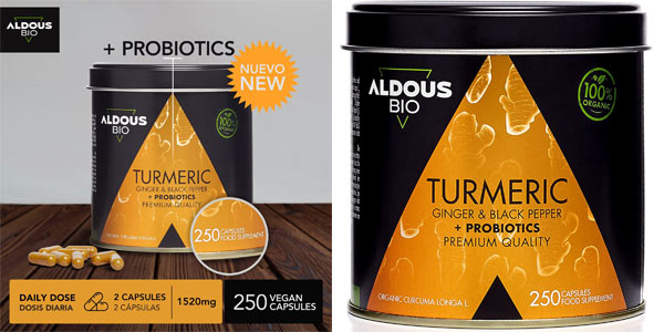 Envase x250 Cápsulas de Cúrcuma con Jengibre y Pimienta Negra con Probióticos por sólo 23,50€ (33% de descuento)