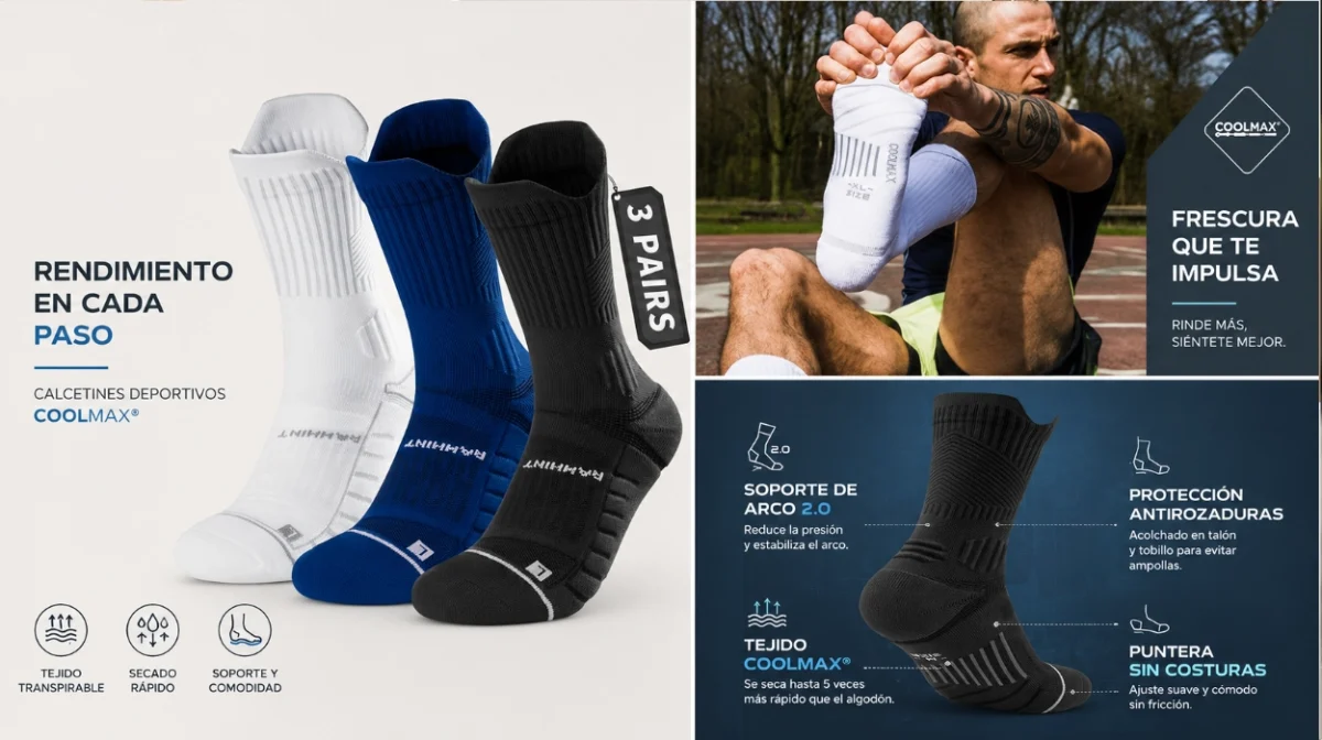 Pack de 3 pares de calcetines de running Rahhint Coolmax anti-ampollas con soporte en el arco por sólo 17,01€ (-43%)