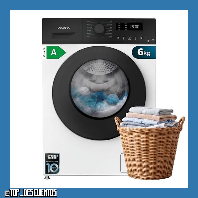 Cecotec Lavadora 6 Kg Carga Frontal Bolero DressCode 6150 Inverter A HairCatch Kit. 1650W, 1000 rpm, 12 programas, Motor Inverter Plus, Steam Max, Drum Clean, Delay Start y Child Lock. [Clase de efici