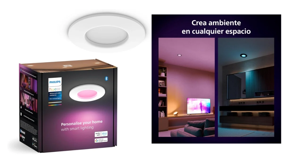 Downlight Philips Hue Slim de 90 mm con luz blanca y de color, control por app y asistentes de voz por sólo 53,99€ con envío gratis (-40%)