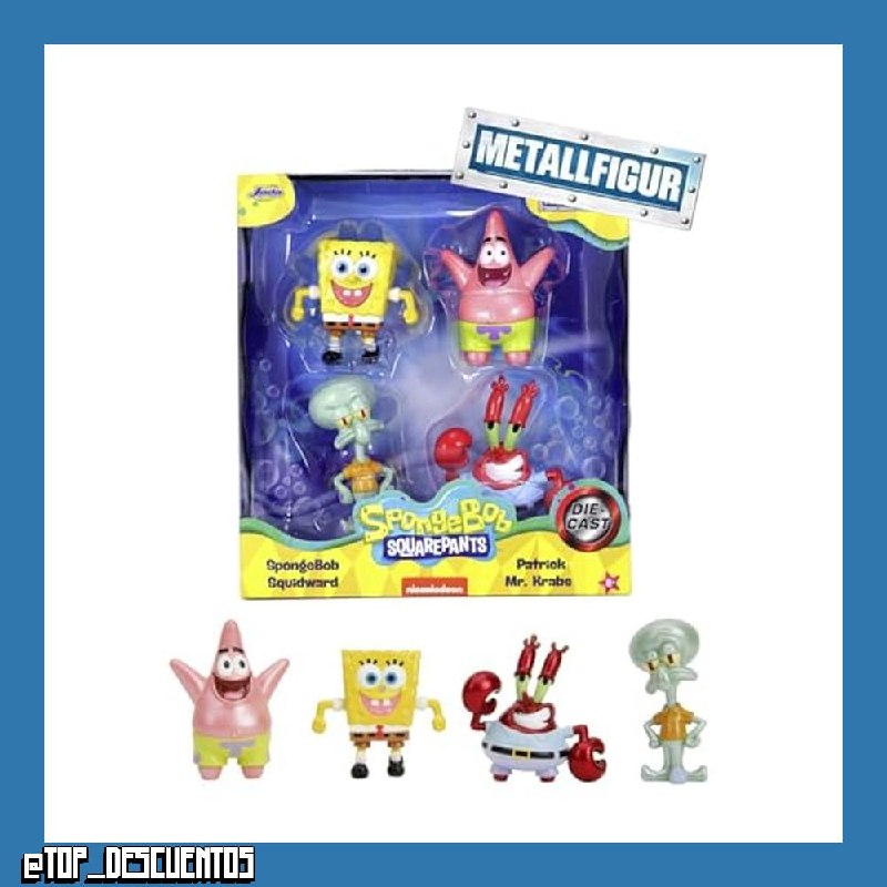 Jada- Set de 4 Figuras de Personajes Bob Esponja Hechas en Metal - Bob Esponja, Patricio, Calamardo, Don Cangrejo, 7cm, Producto Auténtico Oficial, A Partir de 3 años (253252042)