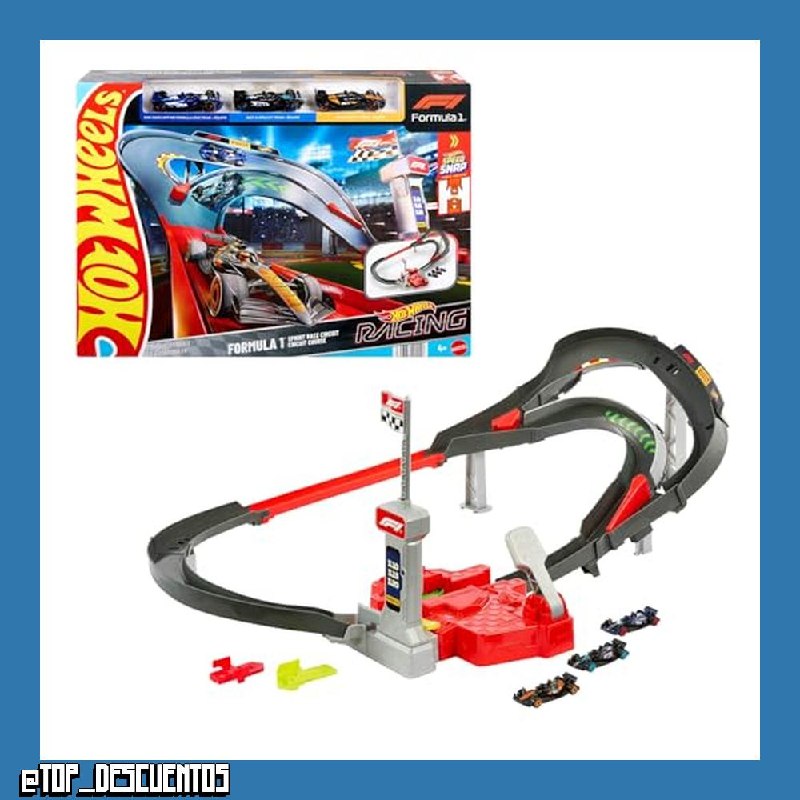 Hot Wheels Conjunto de pista coches de juguete, 3 vehículos metálicos de Formula 1 a escala 1:64: McLaren F1 Team, Alpine y VCARB, Circuito de carreras a gran velocidad uno contra uno, JDY15