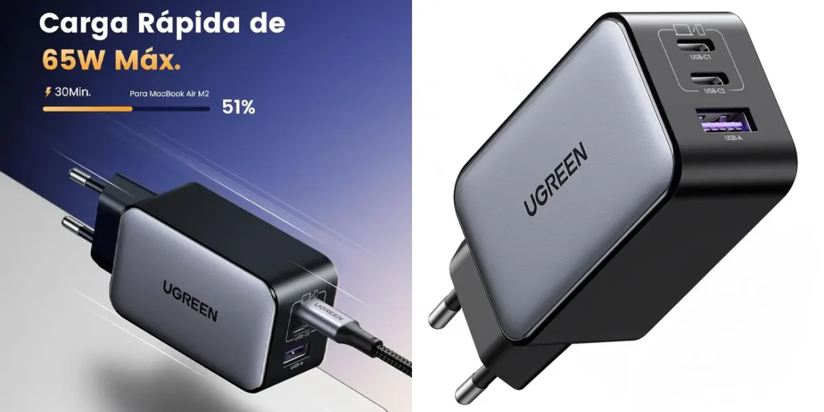 Cargador múltiple UGREEN Nexode de 65W con USB y 2x USB-C por sólo 19,84€ (-34%)