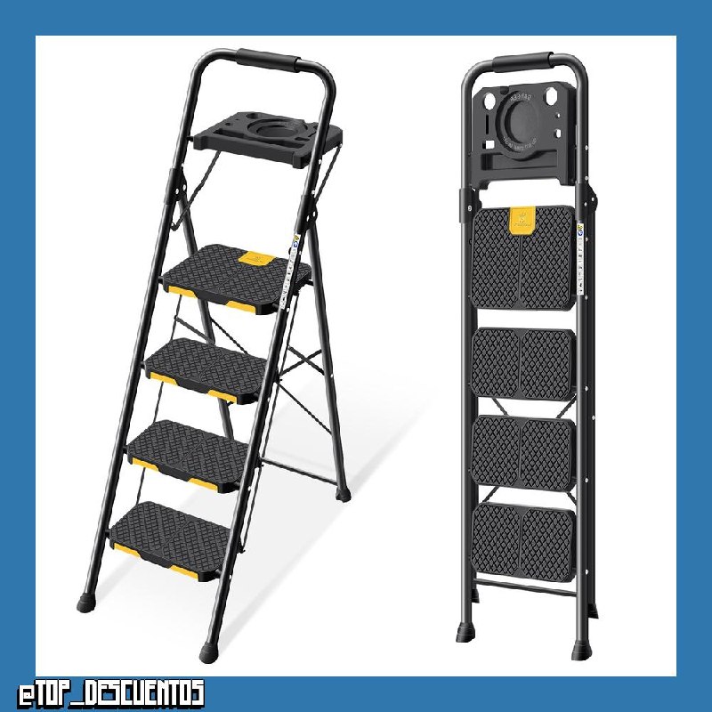 KINGRACK Escalera Plegable de 4 Peldaños con Bandeja de Herramientas e Bloqueo de Seguridad, Carga hasta 360 kg, Escalera Doméstica con Pedal Ancho Antideslizante e Pasamanos, Uso Hogar Cocina, Negro