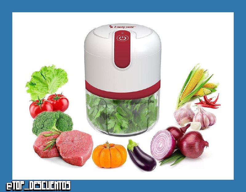 BEPER P102ROB050 Picadora recargable USB, Mini Robot de Cocina, Capacidad 250 ml, Potencia 3,7V,3 Cuchillas Acero Inoxidable, Batería recargable, Rojo/Blanco