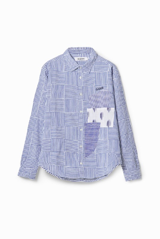 Desigual, Camisa rayas patchwork, Algodon, Azul, S